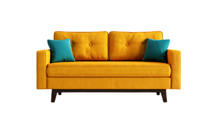 Mid-Century Modern Mustard Yellow Sofa with Teal Pillows Stylish Living Room Furniture