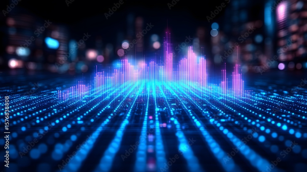 Poster abstract digital cityscape with luminous data visualization.