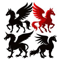 Black and red winged mythical creatures unicorn pegasus