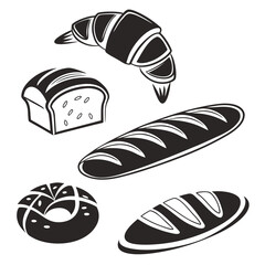 Black and white bakery assortment with croissant loaf and bread food