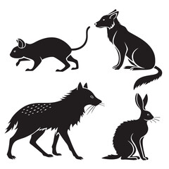 Black animal silhouettes of a fox mouse deer and rabbit vector