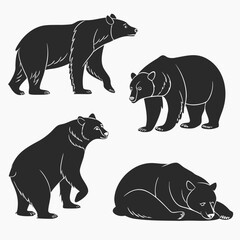 Black bear silhouettes in various poses standing walking