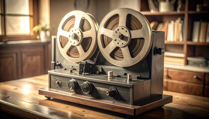 Vintage Reel-to-Reel Tape Recorder on Wooden Table in Cozy Setting