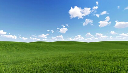 Fototapeta premium Rolling Green Hills Under a Bright Blue Sky with Fluffy White Clouds Peaceful Landscape.