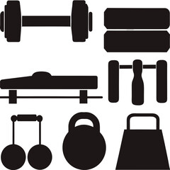 Black gym equipment silhouettes for strength training and exercise dumbbell kettlebell