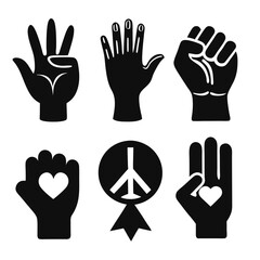 Black hand gesture icons with peace and heart symbols silhouette