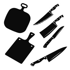 Black kitchen cutting boards and knives silhouettes kitchenware cooking