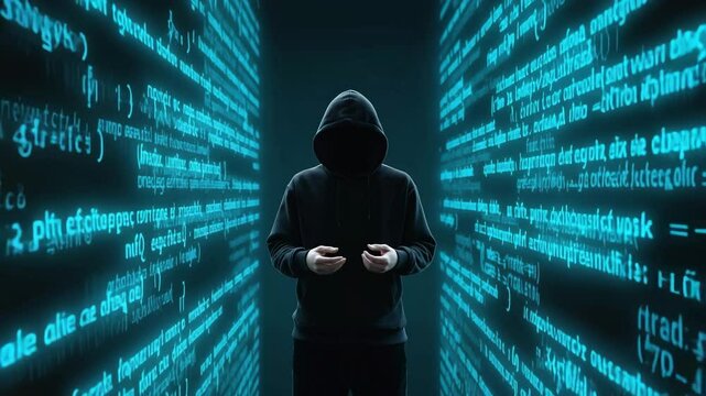 Shadowed Hacker in Digital Tunnel Surrounded by Blue Code Strings