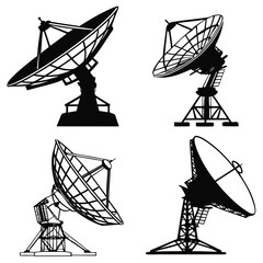 Black satellite dishes on white background radar communication
