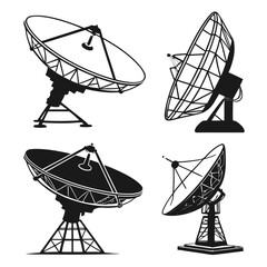 Black satellite dishes on white background radar communication