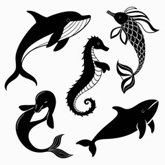 Black sea creature silhouettes whale dolphin seahorse fish white sea creatures
