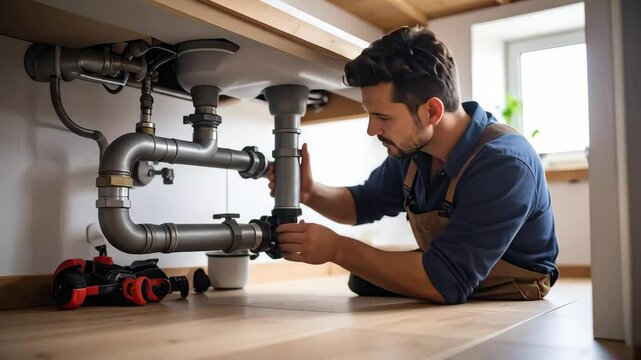 Plumber Fixing Kitchen Sink Pipes Underneath Cabinet