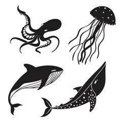 Black silhouettes of marine life including octopus jellyfish and whales sea creatures