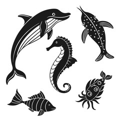 Black silhouettes of marine life including dolphin seahorse fish squid narwhal vector © ADOBE
