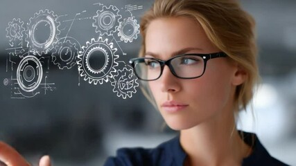 Visionary Thinking: A portrait of a focused woman with glasses contemplating holographic gears, symbolizing innovation and technological progress. - Powered by Adobe