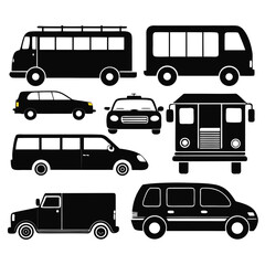 Black silhouettes of various road vehicles taxi