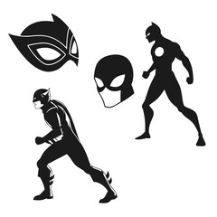 Black superhero masks and action poses silhouette white