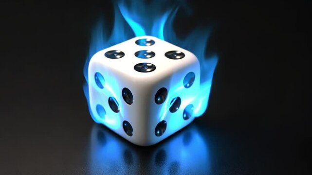 A glowing white dice with blue flames swirling around it, set against a dark background