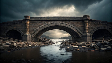 Fototapeta premium Old stone bridge over dark river under stormy sky,