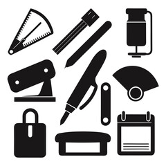 Collection of black office supply icons including stapler pen calendar and protractor