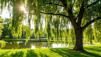 Lush park with weeping willow and pond