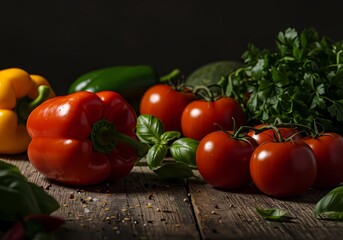 Fresh Vegetables Still Life: Red, Yellow, Green Bell Peppers, Ripe Tomatoes, Basil Leaves, and Parsley on Rustic Wood Against a Dark Background for Culinary or Healthy Eating Themes