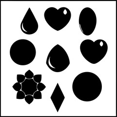 Diverse gemstone shapes black silhouettes with highlights white round