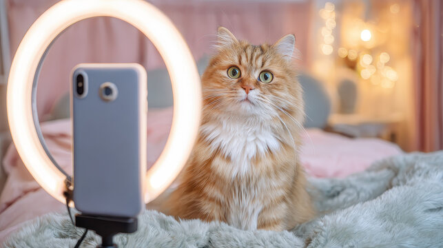 Cat's Glam Shot: A charming feline, bathed in the gentle glow of a ring light, sits poised before a phone camera, capturing a moment of captivating allure.