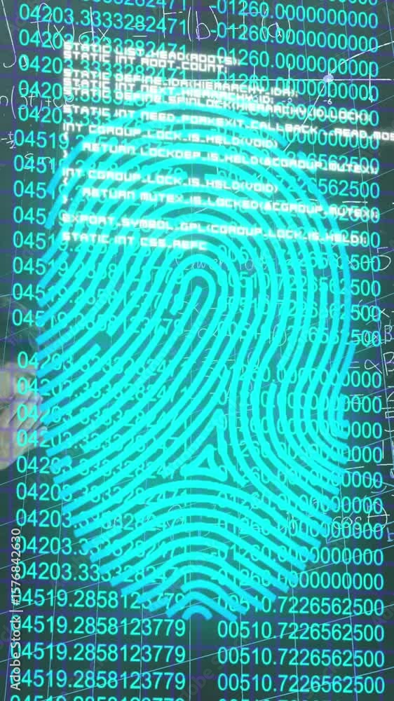 Poster animation of fingerprint icon and data processing over caucasian man on black background