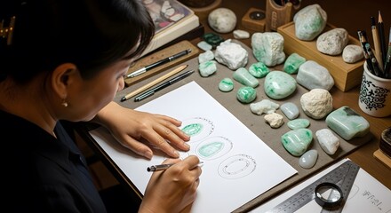 A skilled artisan meticulously crafts a design, her pen sketching elegant jade jewelry. Green jade stones surround her, inspiring the creation of beautiful pendants.
