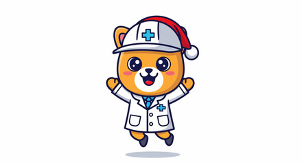 Cute cartoon animal doctor character jumping in a festive hat.
