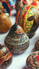Peruvian artisanal traditional carved gourds called Mate Burilado, a traditional Peruvian craft,...