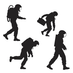 Four astronauts in motion with backpacks and helmets space suit silhouette