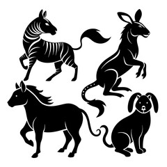 Four black animal silhouettes horse zebra rabbit dog vector