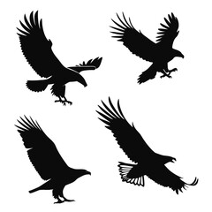 Four black eagle silhouettes in flight and diving flying wings spread