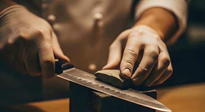 A gloved chef meticulously sharpens a knife on a whetstone, the focused motion reflecting years of culinary expertise and precision. The warm lighting enhances the scenes intensity.