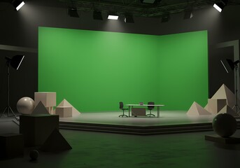 Virtual Studio with Green Screen Background, Desk, Chairs, and Geometric Shapes. Ideal for Video Production, Presentations, and Broadcasting. Customizable and High-Quality.