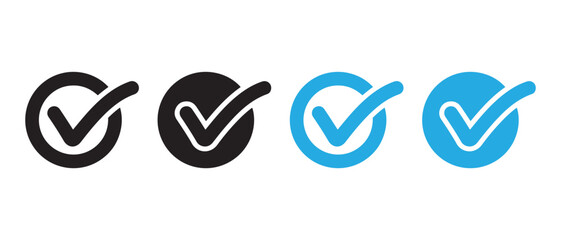 Vector Checkmark Icons in Black and Blue – Filled and Outlined Circle Variants for UI Design.