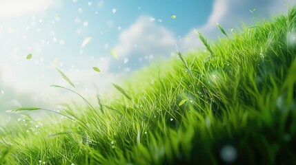 Lush green grass field under a bright, sunny sky.