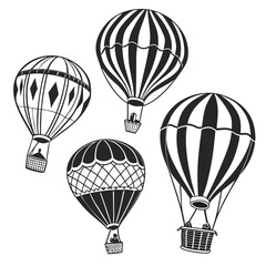 Obraz premium Four black hot air balloon illustrations with baskets black and white travel