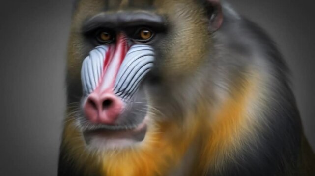 Detailed Portrait of a Mandrill Primate Displaying Vibrant Colors Against a Neutral Background