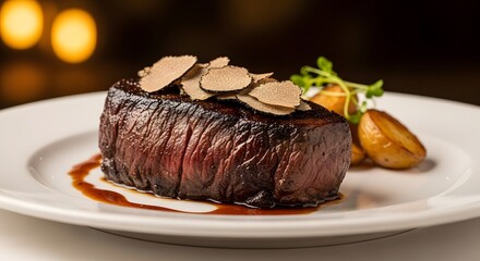 Savor the Exquisite Pan-Seared Filet Mignon, Topped with Delicate Black Truffles, Served with Roasted Potatoes. A Culinary Masterpiece.