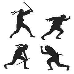 Four black ninja silhouettes in dynamic action poses white martial arts