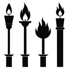 Four black torch and candle silhouettes with flames fire light