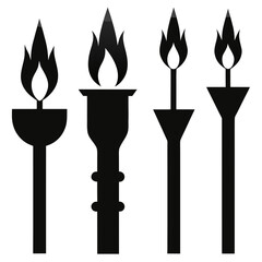 Four black torch and candle silhouettes with flames fire