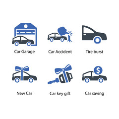 Fototapeta premium Car Garage, Car Accident, Tire burst, New Car, Car key gift, Car saving, icon