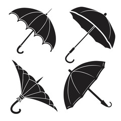 Four black umbrella silhouettes open and folded open umbrella folded umbrella