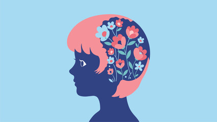 Blooming Mind: Child's Head Silhouette with Floral Brain Illustration