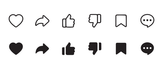 Outlined and Filled Social Media Action Icons for Likes, Shares, Comments, and Saves.