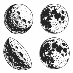 Four lunar surface crater silhouettes black and white moon craters